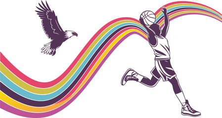 Fototapeta premium Dynamic basketball player soars with eagle, celebrating vibrant sporty victory on colorful abstract waves.