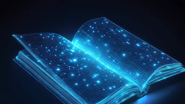 Open wireframe book glowing and releasing magical particles on dark background