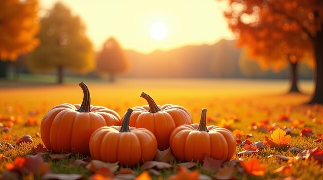 Three vibrant orange pumpkins resting on golden autumn field with red and yellow fallen leaves under warm soft sunlight, colorful fall trees and clear sky in peaceful cozy atmosphere - Powered by Adobe