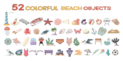 "52 Colorful Beach Objects Vector Set on White Background - Including lighthouse, boat, starfish, octopus, sea shell, crab and so on. © subirpaul