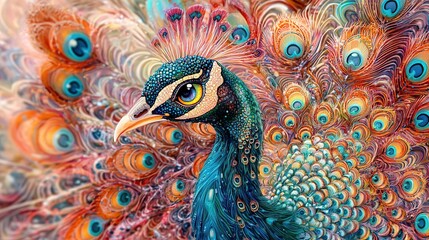 Fototapeta premium Vibrant close up of a peacock feather with intricate paisley floral pattern and delicate natural color