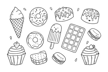 Sweet Treats Lineup: A delightful arrangement of sketched confectionery treats. An assortment of sweet indulgences ready to tempt your taste buds.
