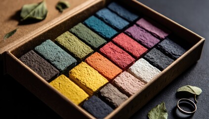 Colorful, textured paint blocks in a wooden box