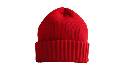 Vibrant red knitted beanie hat, a stylish and cozy winter accessory, isolated on transparent background