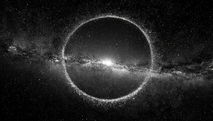 Grayscale cosmic ring. A large circular, light-gray ring encircles a bright, milky-way galaxy segment in a black space backdrop.  Cosmic dust and stars are visible