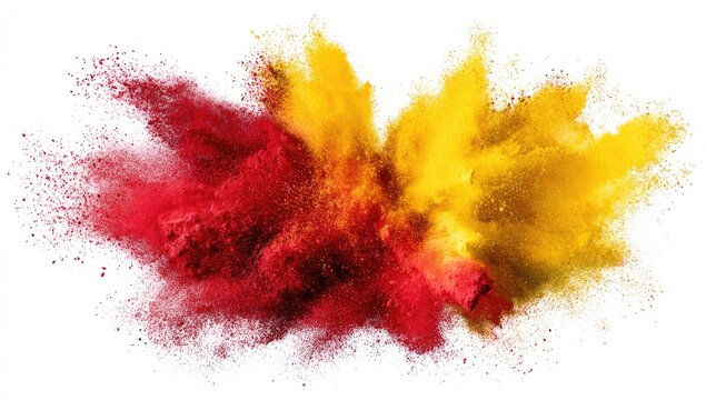 Exploding vibrant red and yellow powder, isolated against white background.  A dynamic burst of color