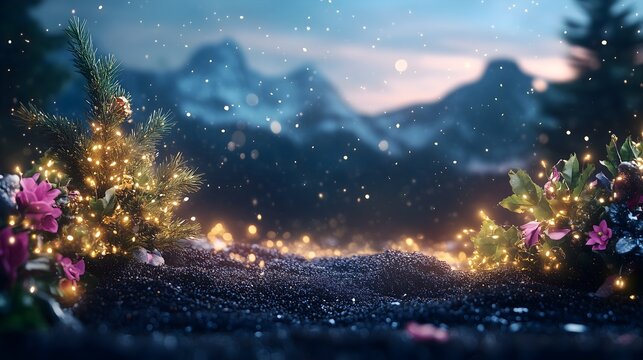 Glimmering bokeh lights create a magical atmosphere amid vibrant floral arrangements against a dark backdrop