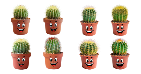 Cheerful Cactus Plants with Smiling Faces in Colorful Pots, isolated on transparent background