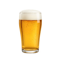 A light-golden beer in a clear glass, full to the top with a frothy head.