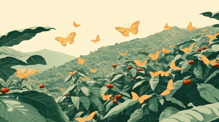 Butterflies flit over coffee plants, lush hills