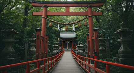 Obraz premium Traditional Red Torii Gate Leading to Shinto Shrine in Forest Setting