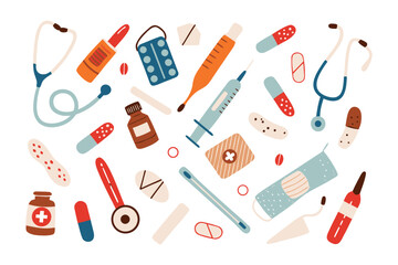 Medical Equipment Illustration: An array of essential medical equipment is elegantly arranged, representing the tools and supplies integral to healthcare and medical practice.