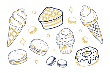 Dessert Delight: A vibrant collection of hand-drawn desserts in a visual symphony, showcasing a mouthwatering assortment of sweet treats in a captivating graphic.