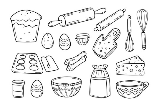 Baking Essentials: A line drawing showcasing a collection of baking tools, a glimpse into the essential equipment and ingredients for baking.