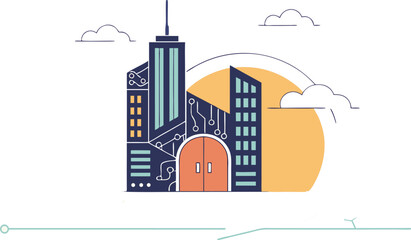 Obraz premium Diverse professionals stride towards modern city buildings symbolizing progress and innovation in business vector.