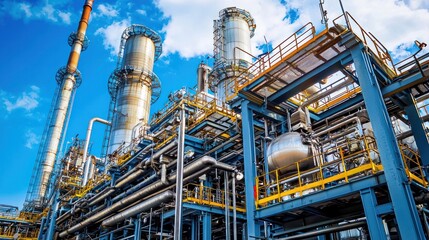 A large, industrial chemical plant with multiple towers, tanks, and pipelines against a blue sky with white clouds.