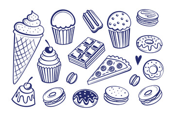 Sweet Treats in a Whimsical Array: A hand-drawn illustration of various delectable desserts, each with a unique charm, inviting indulgence and celebration.