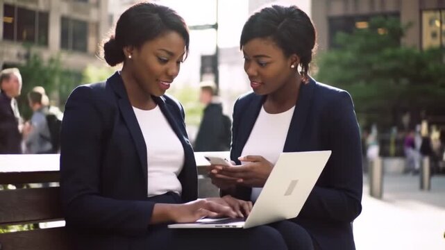 Dynamic Duo: African American Businesswomen Collaborating on Laptop  Phone Outdoors.