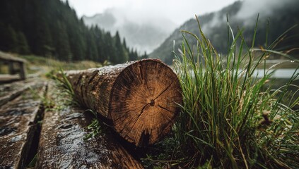 A weathered log rests on a wet boardwalk, leading to a misty mountain lake. Lush grass and trees frame the scene