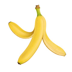 A yellow banana peel has been separated with the banana inside eaten, laying on a black background.