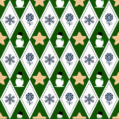 Vector illustration. Cristmas seamless pattern with snowman, fir trees and snowflakes. Perfect for wrapping paper, templates, background of Chrismas and new year cards