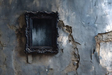 Scary horror haunted black picture frame on grunge dirty abandoned house wall.