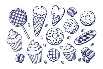 Delectable Delights: A captivating hand-drawn illustration of various pastries and desserts, showcasing a collection of sweet treats. 