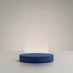 product display mockup with modern navy blue 3d podium and clear glass panel on beige background for luxury branding presentation cosmetic design and elegant promotional showcase