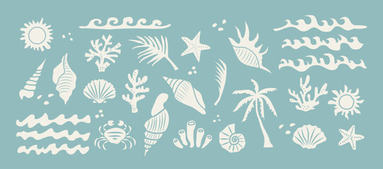 Summer boho vintage icon set. Hand drawn palm tree, sun and sea, seashells, coral, crab in naive groovy style. Tropical surf club, vacation, travel. Vector collage elements for print. Clipart element