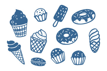 Sweet Delights: A vibrant assortment of charmingly illustrated desserts, ranging from ice cream to donuts and cakes. The inviting design highlights the irresistible treats.