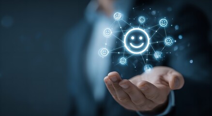 Businessman holding social media icons and glowing network with smiling face on blue background