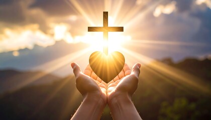 Hands cupped, holding a heart, backlit by a radiant cross at sunset