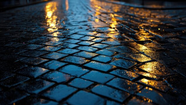Wet cobblestones reflecting city lights at night
