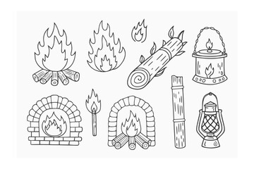Campfire and Flames Illustrations: A collection of line art illustrations showcasing the warmth and versatility of fire, perfect for themes of camping, ambiance, and celebration. 