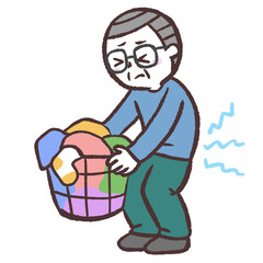 重そうに洗濯かごを持つシニア男性のイラスト