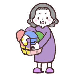	洗濯かご持って声をかけるシニア女性のイラスト