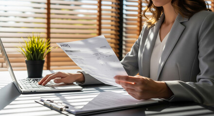 Focused Businesswoman Reviewing Financial Documents in Modern Office.