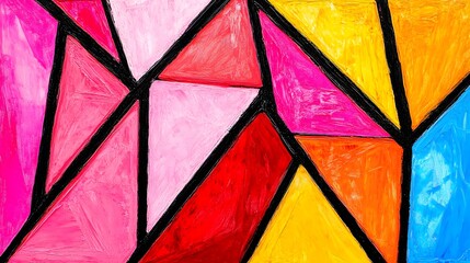 Abstract Geometric Triangle Painting Vibrant Colors Pink Yellow Red