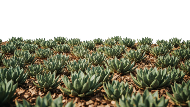 Agave succulent garden on dry soil with mulch and white background, droughttolerant landscape design trend
