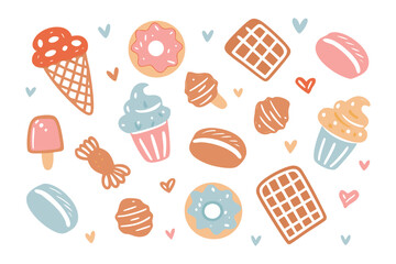 Sweet Indulgence: A colorful assortment of delightful sweets, including ice cream, donuts, macarons, and waffles, arranged playfully to evoke a sense of fun and deliciousness.