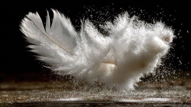 Fototapeta White feather explodes in mid-air