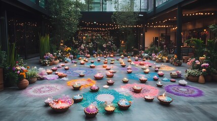 Unique Diwali-themed game in a modern festive setting with colorful rangoli and illuminated diyas