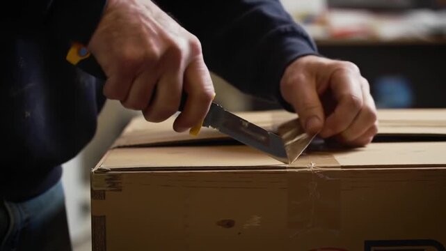 Hands Open a Cardboard Box with Utility Knife: Close-Up Detail.