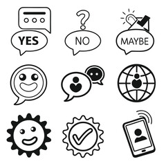 Icon Set Vector Communication Icons with Chat Bubbles Smile Faces and Smartphone in Modern Black Outline Style