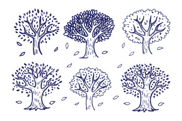 Naklejka premium Arboreal Harmony: A set of stylized, hand-drawn trees showcase diverse forms of arboreal life, each leaf and branch a testament to the forest's intricate dance of nature.