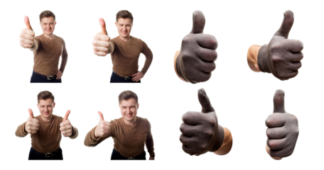 Person Giving Thumbs Up Gesture with Gloved Hand and Smile, isolated on transparent background