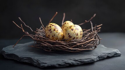 Obraz premium Three speckled bird eggs nestled in a rustic twig nest on a dark slate surface.
