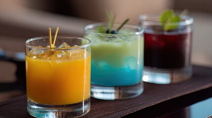 Fototapeta premium Three colorful cocktails in glass tumblers, featuring orange, teal, and purple hues