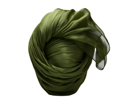 Artistic olive green fabric draped creatively, showcasing folds and texture, with soft lighting on transparent background