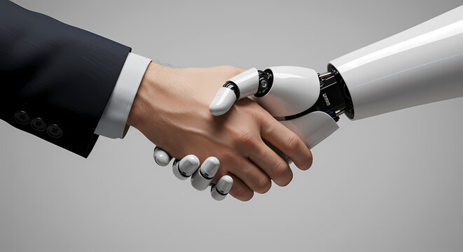 A business professional in a suit shakes hands with a robotic arm, symbolizing technology, artificial intelligence, and collaboration in a modern, corporate environment.